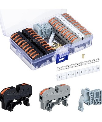 DIN Rail Terminal Blocks Kit 20Pcs Universal Compact Wire Connectors + 2Pcs Con