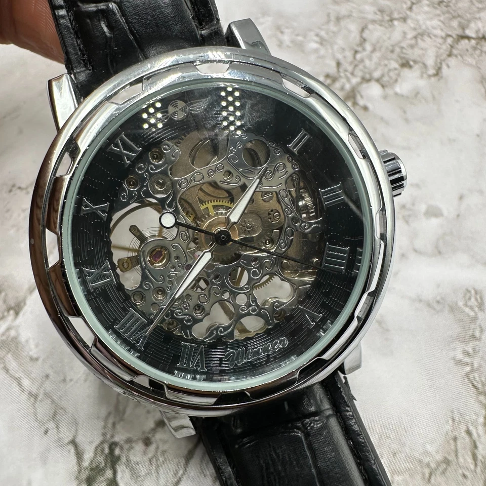 Winner Automatic Watch Men Silver Tone Skeleton Dial 39MM Black Band 9 Inch - Image 4 of 4