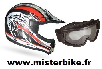 Casque cross XL homologué avec masque lunettes moto noir rouge blanc pour enduro et quad