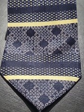 Jones New York Navy Blue Pale Yellow Striped Geometric All Silk Tie Made In USA
