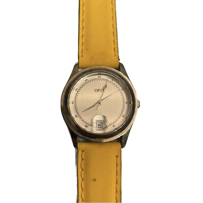 Vintage OPEX Calendar Wristwatch Yellow Leather Band Paris France Needs Battery