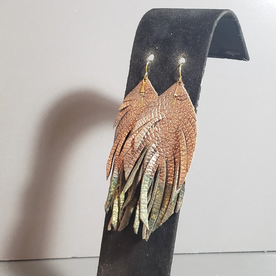 Leather Dangle Earrings Gray Retro Mid Century Modernist Boho Pierce 4" - Image 3 of 4