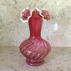 Fenton Glass Vase Spiral Twisted Swirl Cranberry Snow Crest Ruffled 11” Tall
