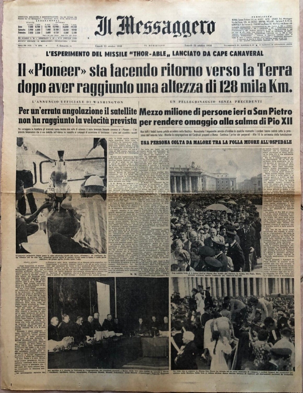 Pioneer Terra Morte Pio XII giornale Il Messaggero originale 13 ottobre 1958