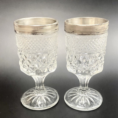 Anchor Hocking WEXFORD 5 3/8'' Clear Claret Wine Glasses Silver Trim VTG USA
