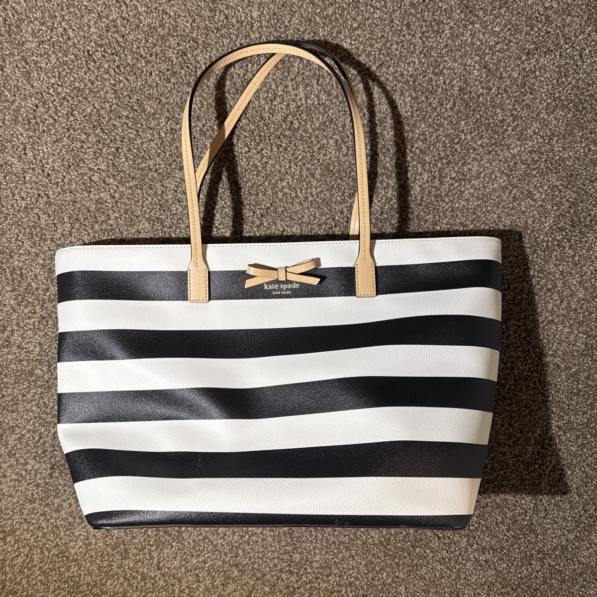 Kate Spade Large Tote Black And White Stripes Tan Handles Used Once Great  Shape