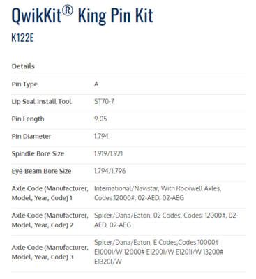 K122E Stemco Kaiser Qwik Kit No Ream King Pin Set Eaton 12000