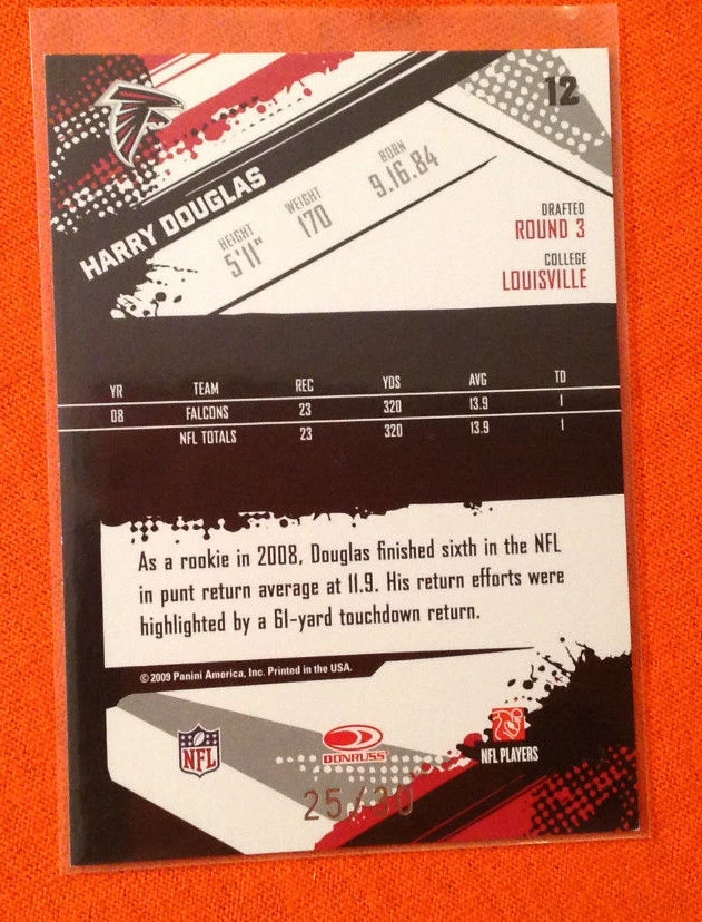 2009 Score Inscriptions HARRY DOUGLAS Red Zone SP #25/30 Made FALCONS #12 - Image 2 of 2