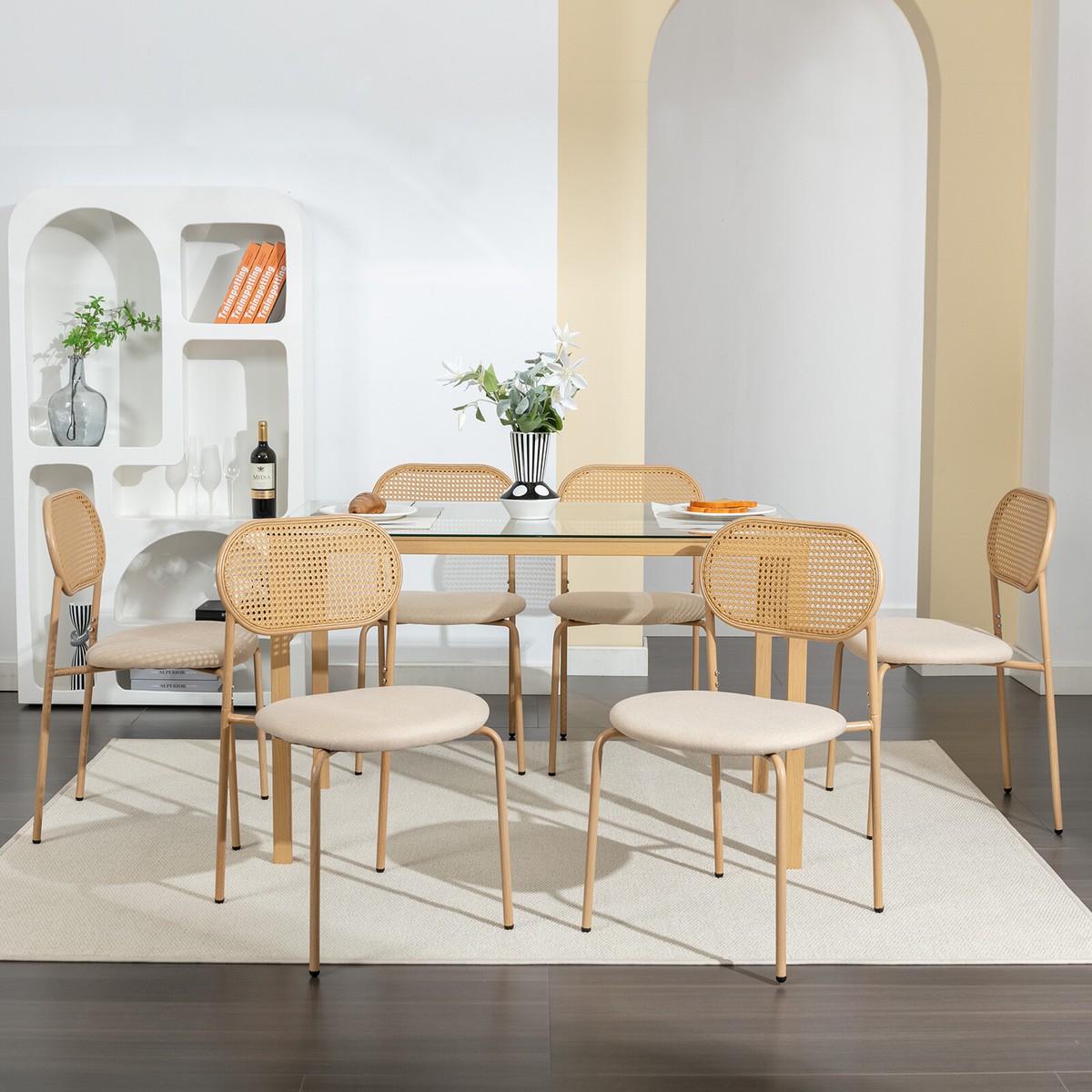 7PCS Boho Rattan Dining Sets,Glass Table & 6Chairs Metal Leg