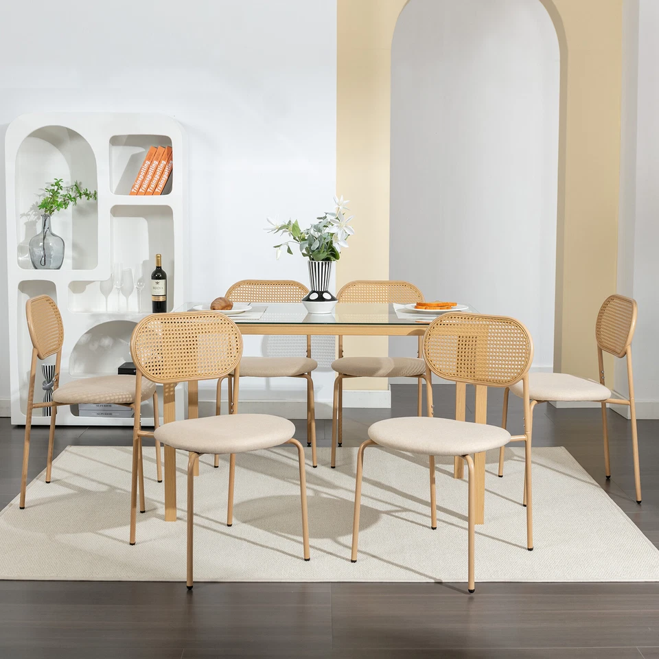 7PCS Boho Rattan Dining Sets,Glass Table & 6Chairs Metal Leg Kitchen Living Room - Image 4 of 4