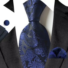 New Classic Paisley Blue Jacquard Silk Men's Tie Necktie Hanky Cufflink Set