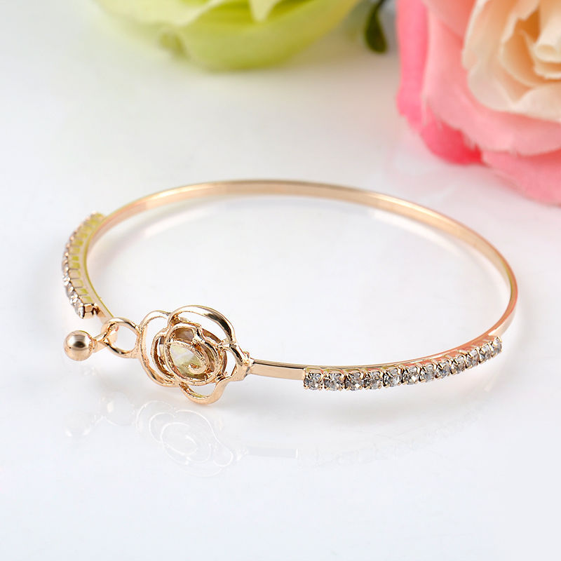 Elegant Women's Crystal Rose Flower Bangle Cuff Bracelet Jewelry Gold