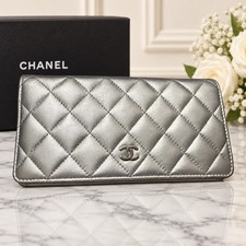 Authentic Chanel Metallic Silver Quilted CC Long Flap Wallet 18 Series Spain