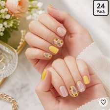 Short Square Press-On Nails Glossy Acrylic Full Cover Sunflower Pink Yellow