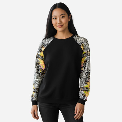 MinkPink Sweater Womens M Black Knit Sheer Chiffon Raglan Sleeve Mixed Media