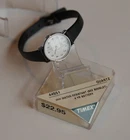 Vintage NOS Ladies Timex Quartz Silver Tone Black Band Watch New Battery