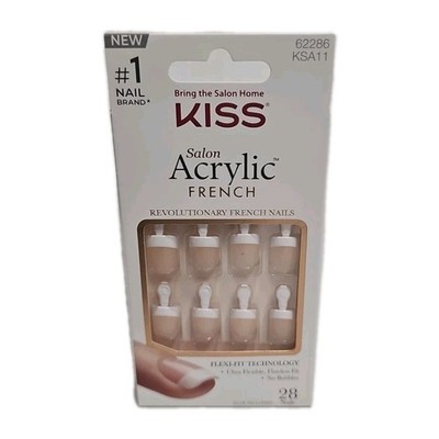 Kiss Salon Acrylic French Nails RS Real Short 28ct Glue On Flexi-Fit NEW