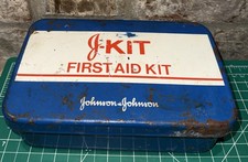 Vintage 1980 Johnson & Johnson J-Kit Metal First Aid Kit Blue USA Wall Mount