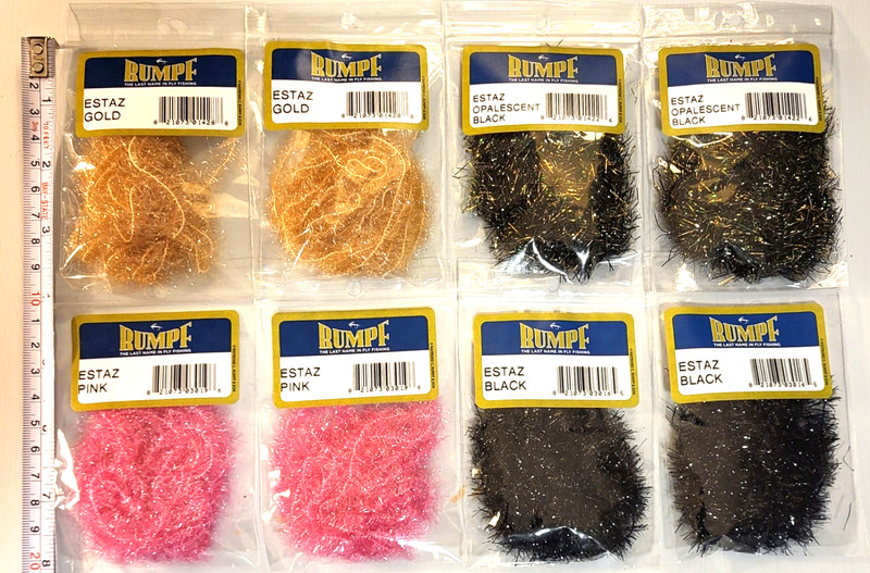 Rumpf Chenille, Estaz-Gold, Opalescent Black, Pink, and Black, Fly Tying.