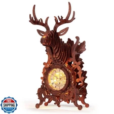 FUNPOLA LED 3D Wood Puzzle Deer Clock, 3D Wooden Puzzle Elk Clock Building Mo