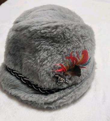 Vintage 1960s Faux Fur Fedora Hat Gray Alpine Bevarian Tyrolean Feather Pin Sz M