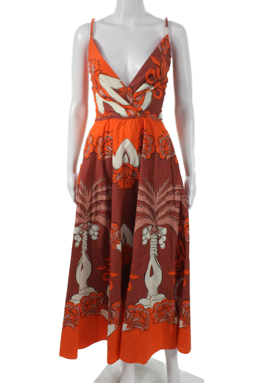 Johanna Ortiz Women Maxi Dress Orange Floral V-Neck Sleeveless Cotton Size 6Free Shipping in US $100+ Orders | $6.95 Orders Below
