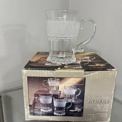 Crystal Clear Athens Glass Mugs Vintage Handle Frosted Leaves Set Of 4 14 oz New