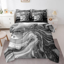 Gray Watercolor 7-Piece Bedding Set with Black Marbling - Queen Size