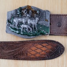 Siskiyou Pewter Belt Buckle Deer with Brown Leather Embossed Belt 47" Vtg 1989