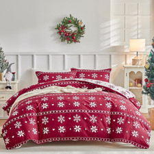 Christmas Red Duvet Cover King Size 3-Piece, Snowflake