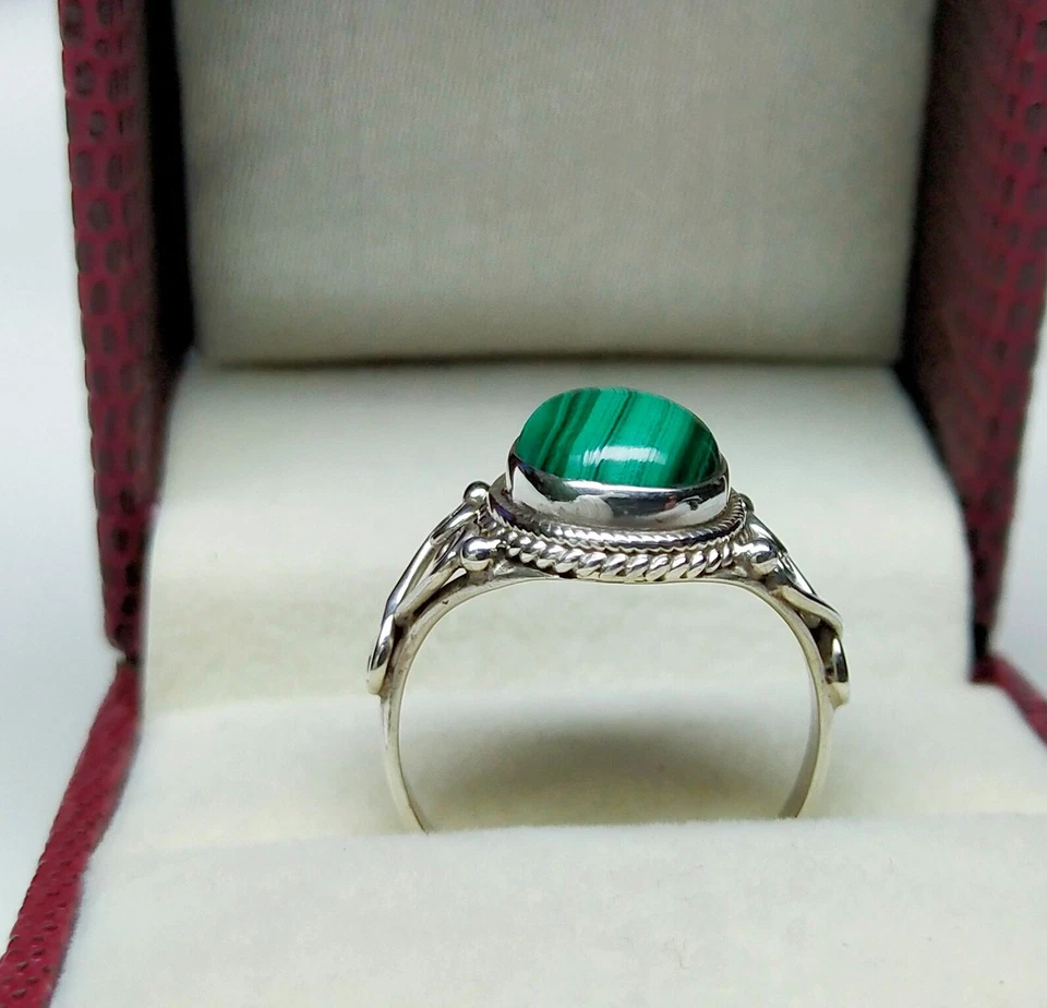 Anel de prata esterlina 925 anel de malaquita anel de pedra preciosa feito à mão joias finas R66 - Imagem 3 de 4