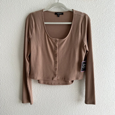 Mixed Threads Tan Nude 2 Piece Set Long Sleeve Waffle Knit Button Up W/ Tank Top