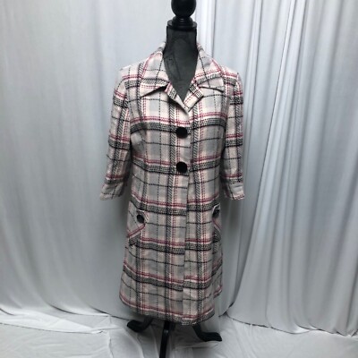 Mac and Jac Trench Coat Womens Size Large Pink Black Plaid Lined Midi Jacket