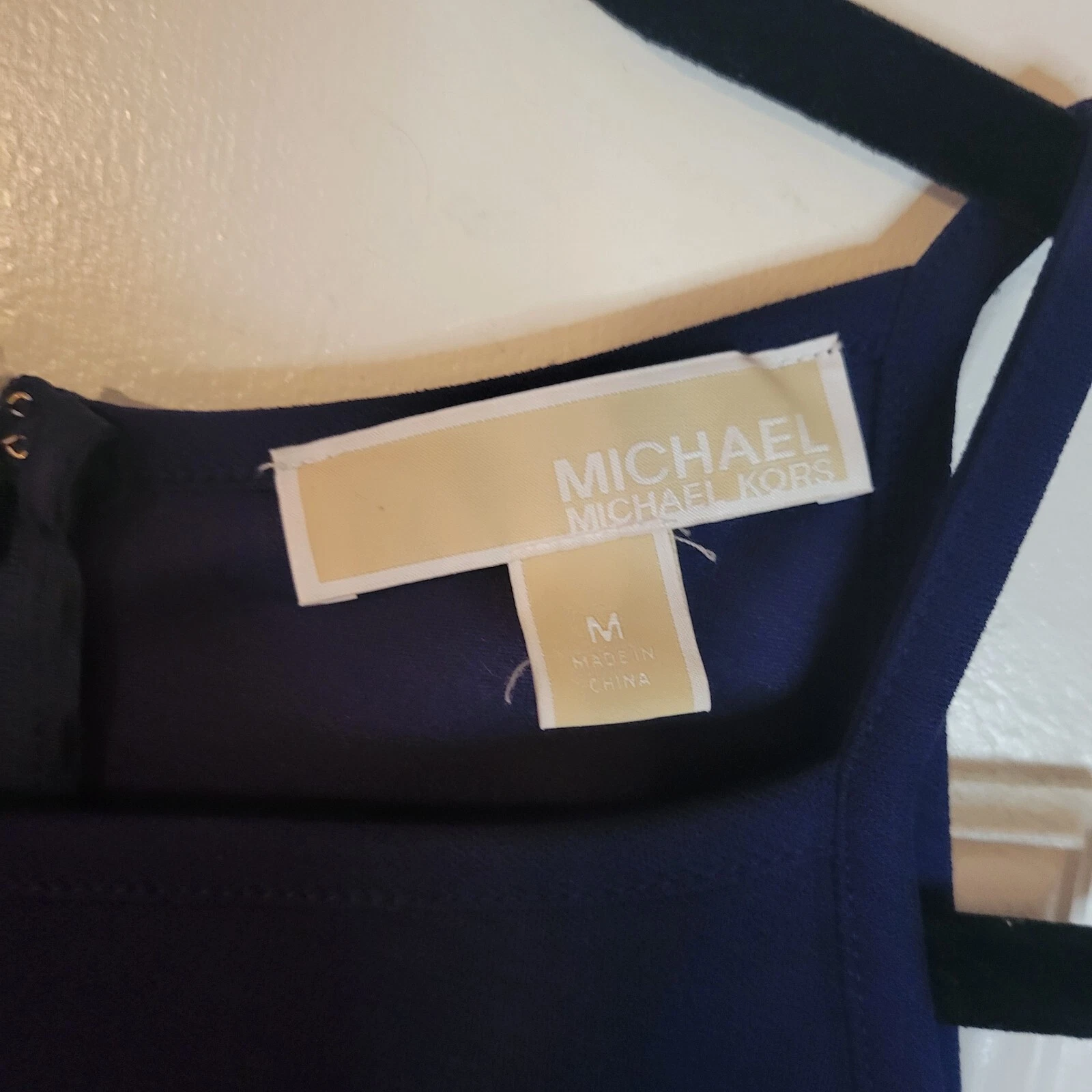 Abito Michael Kors blu navy senza maniche mini matita perline accento argento taglia media