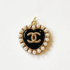 Chanel Black Pearl Heart 23mm STAMPED Designer Pendant Charm