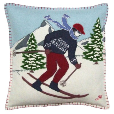NEW Jan Constantine Hand Embroidered Felted Wool Alpine Skier Christmas Pillow