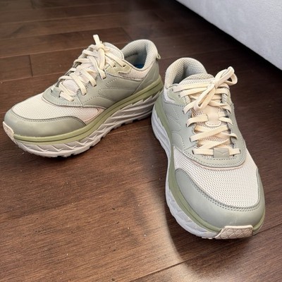 HOKA One One Bondi L Beige/Green Colorblock Mesh Low Top Lace-Up Sneakers