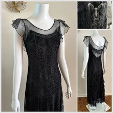 1930s Black Lace Drop Waist Dress Cascade Tiered Ruffle Back Flutter Sleeve VTG