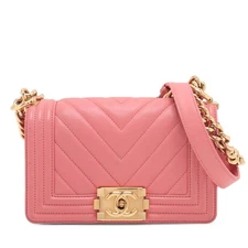Chanel Boy Chanel 20 Small Lambskin Chain Shoulder Bag Chevron V Stitch Pink Gol