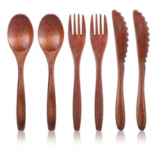 6 Pcs Wooden Utensils for Eating Spoon Fork Cutlery Set Kitchen Dinner Flatware