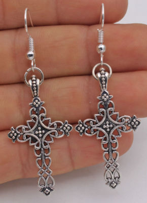 Nice New Tibetan Silver Intricately Carved Cross Charm Hook Dangle Drop Earrings