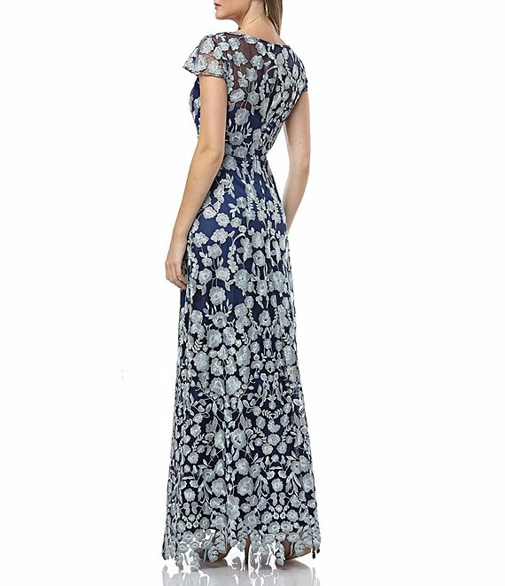 JS COLLECTIONS Navy Silver Mint Floral Embroidered Lace Mesh Maxi Gown 16 = XL - Image 2 of 4