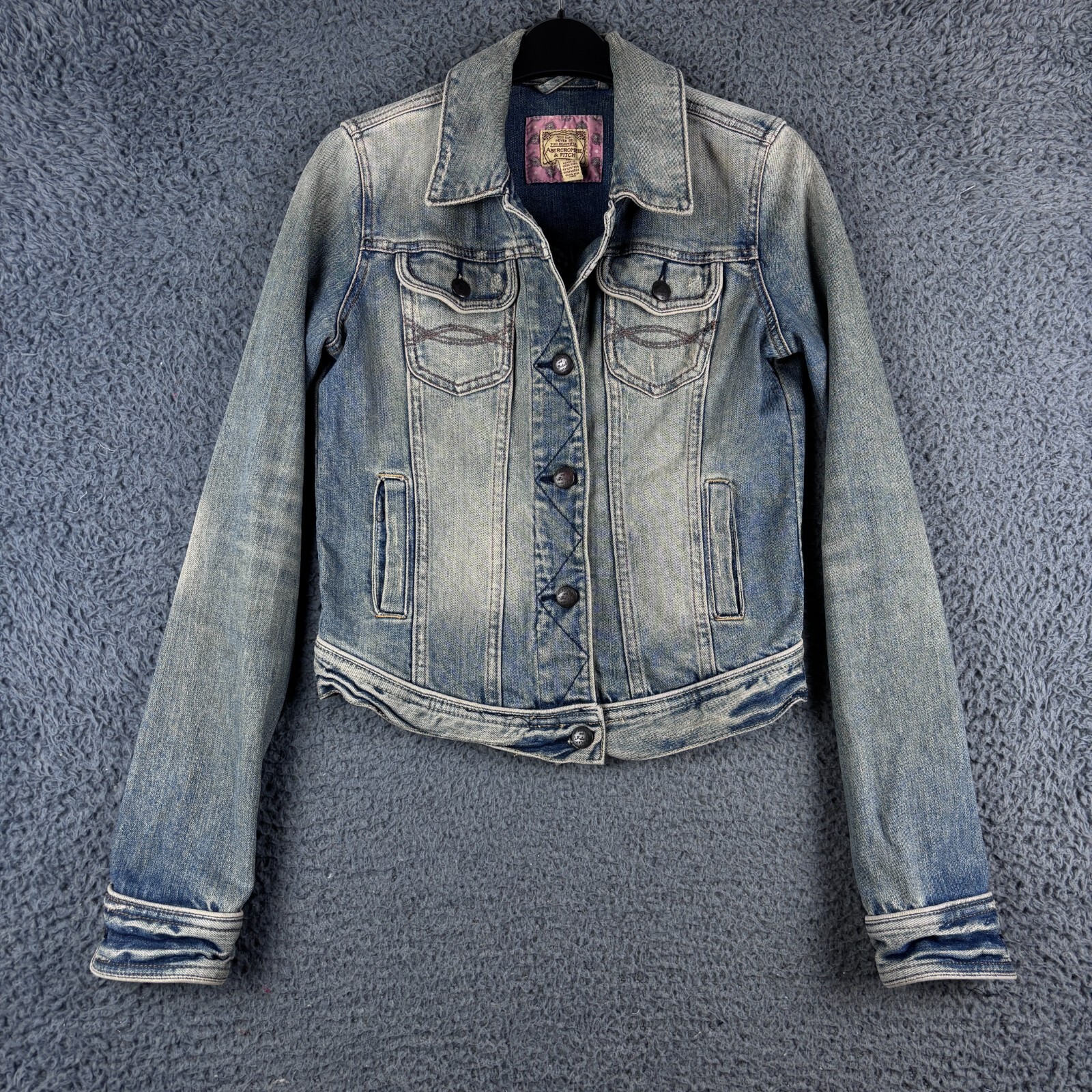 VTG Abercrombie Fitch Jacket Womens Medium Blue Denim Distressed Cropped Hip Y2K
