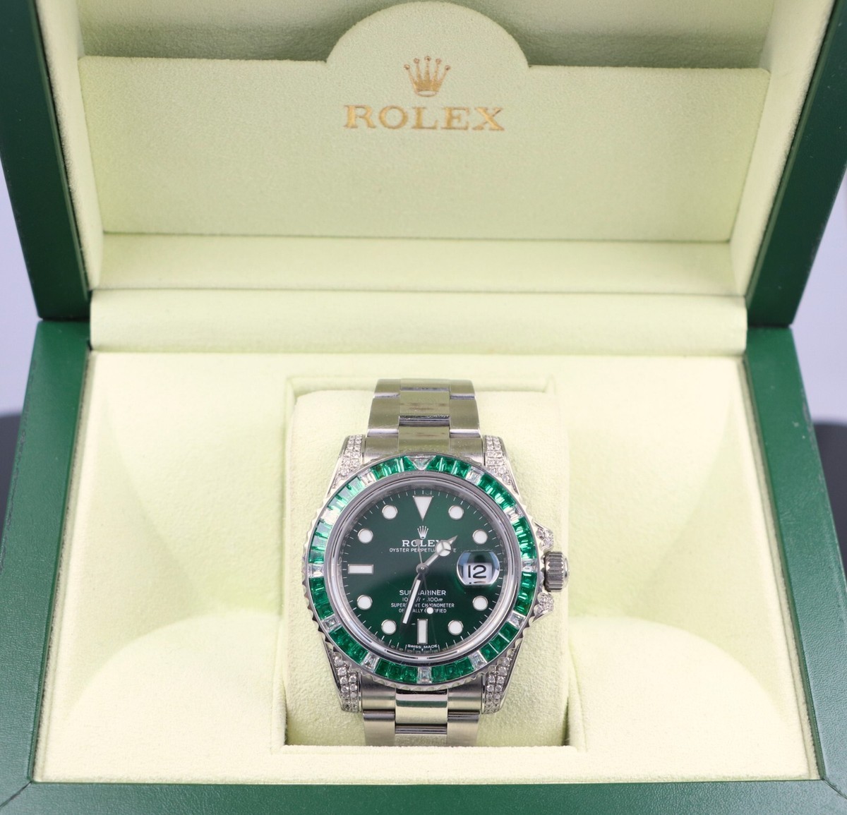 Rolex 40mm Submariner Green Aftermarket Emerald Sapphire Diamond