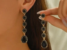 Long Black Clip On Earrings Retro Black Cabochons Gold Tone Beads