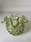Vintage Fenton Olive Green Ruffled Edge Hobnail Vase 3" x 3.75"x 3.75" Excellent