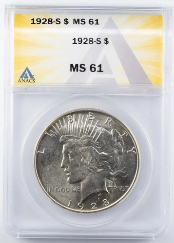 Certified 1928-S Peace Dollar ANACS MS61 Silver $1
