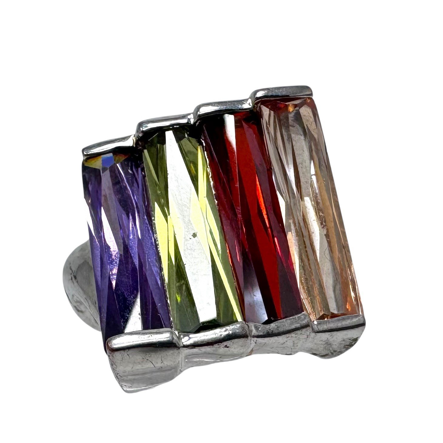 Silver Tone Ring Abstract Step Setting Colorful F… - image 4