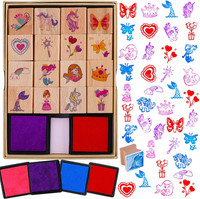 16Pcs HöLzern Stempel FüR Kinder MäDchen Basteln Mit Stempelkissen , Einhorn Mee