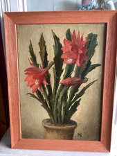 Altes kleines Ölgemälde Kaktus Blüte Kakteen von Marinus Nielsen (1889-1960)